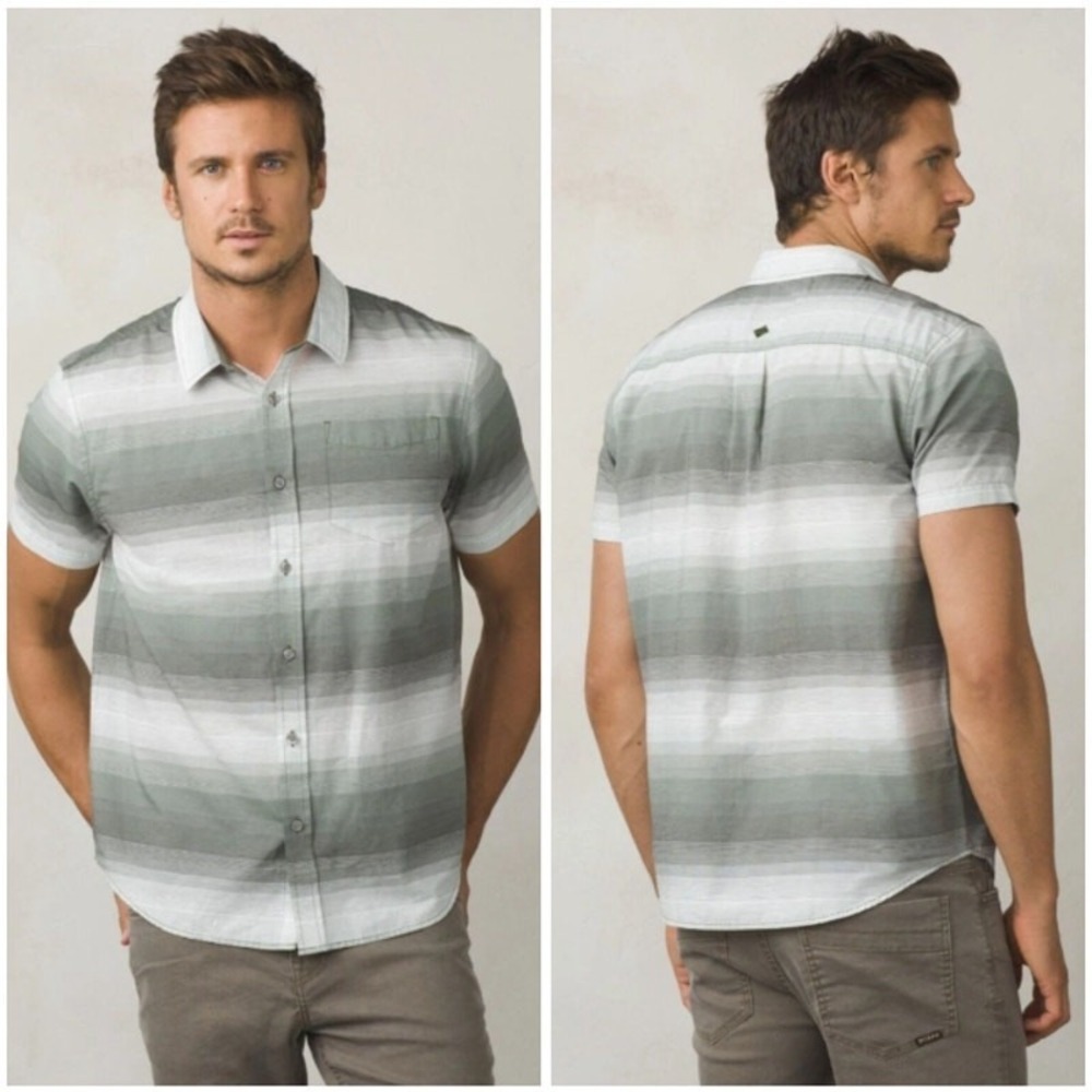 prAna Mens Tamrack Ombre Striped SS Button Up Organic Cotton Shirt Grey XXL